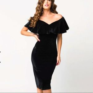 NWT Unique Vintage Black Velvet Draped Off Shoulder Sophia Wiggle Dress 🖤